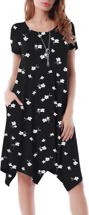 Women Casual Loose Soft Crewneck Short Sleeve Pockets Swing T-Shirt Dress