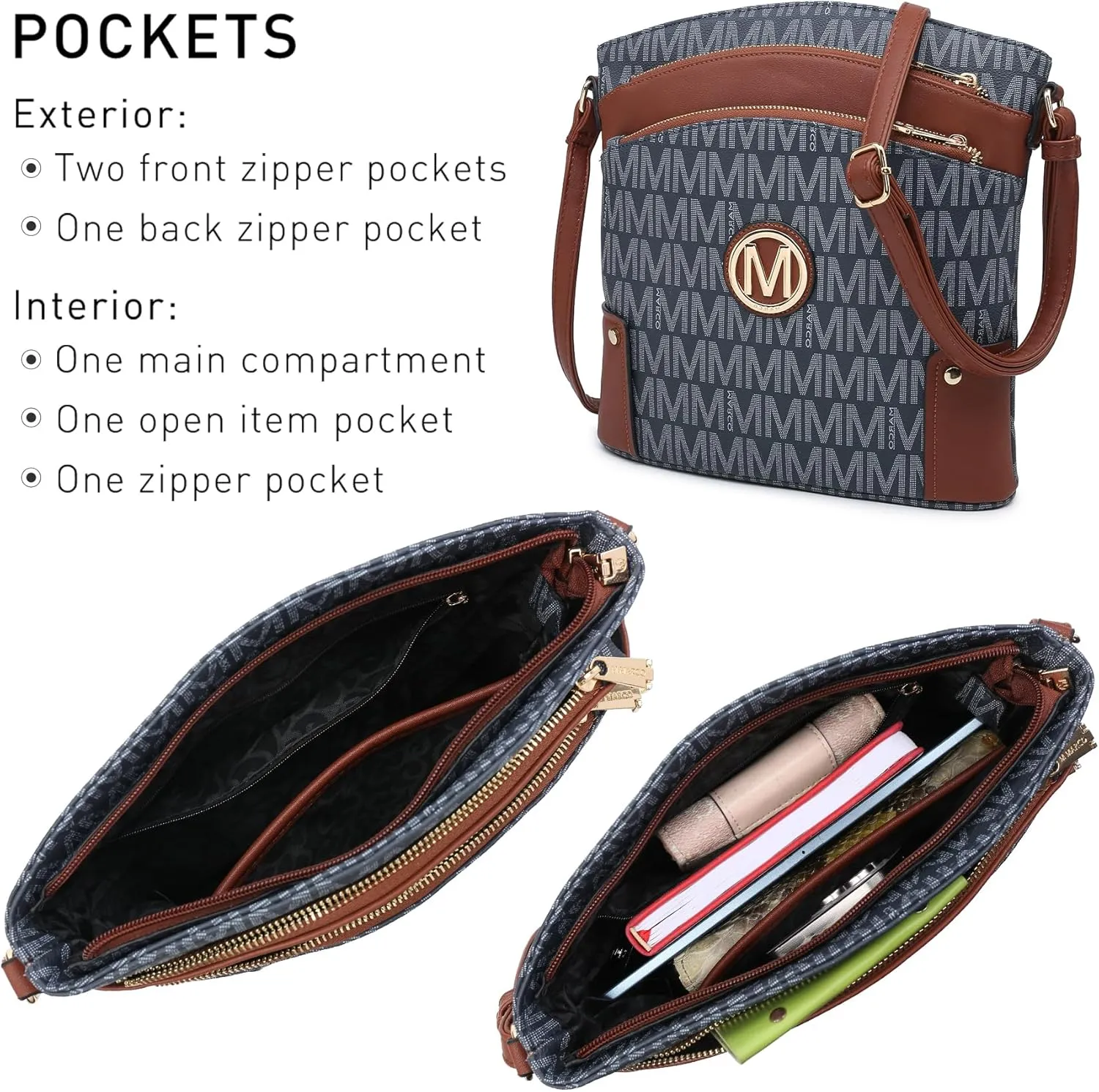 Women Crossbody Purses Multi Pockets Large Signature Monogram Zip Shoulder Bags Ladies PU Leather Handbag