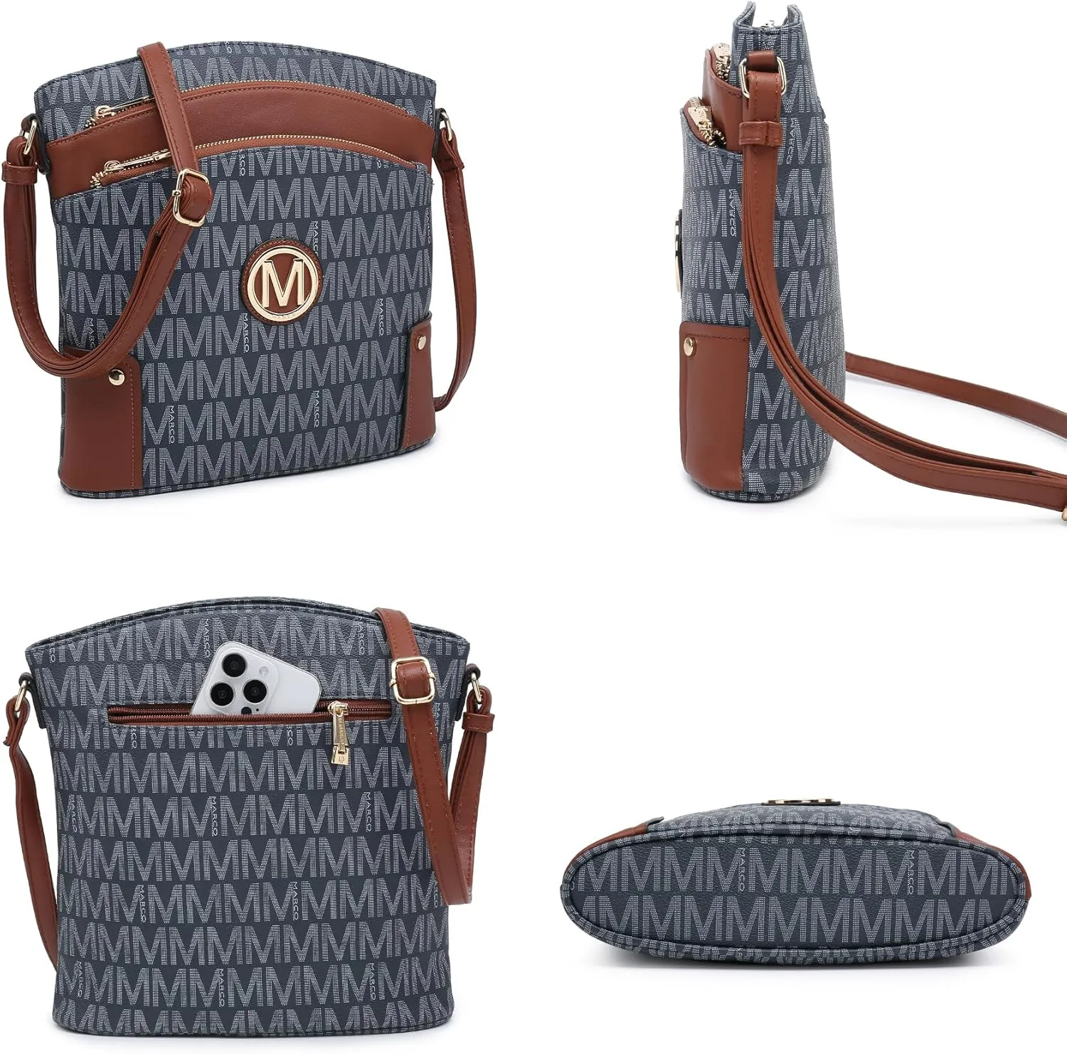 Women Crossbody Purses Multi Pockets Large Signature Monogram Zip Shoulder Bags Ladies PU Leather Handbag