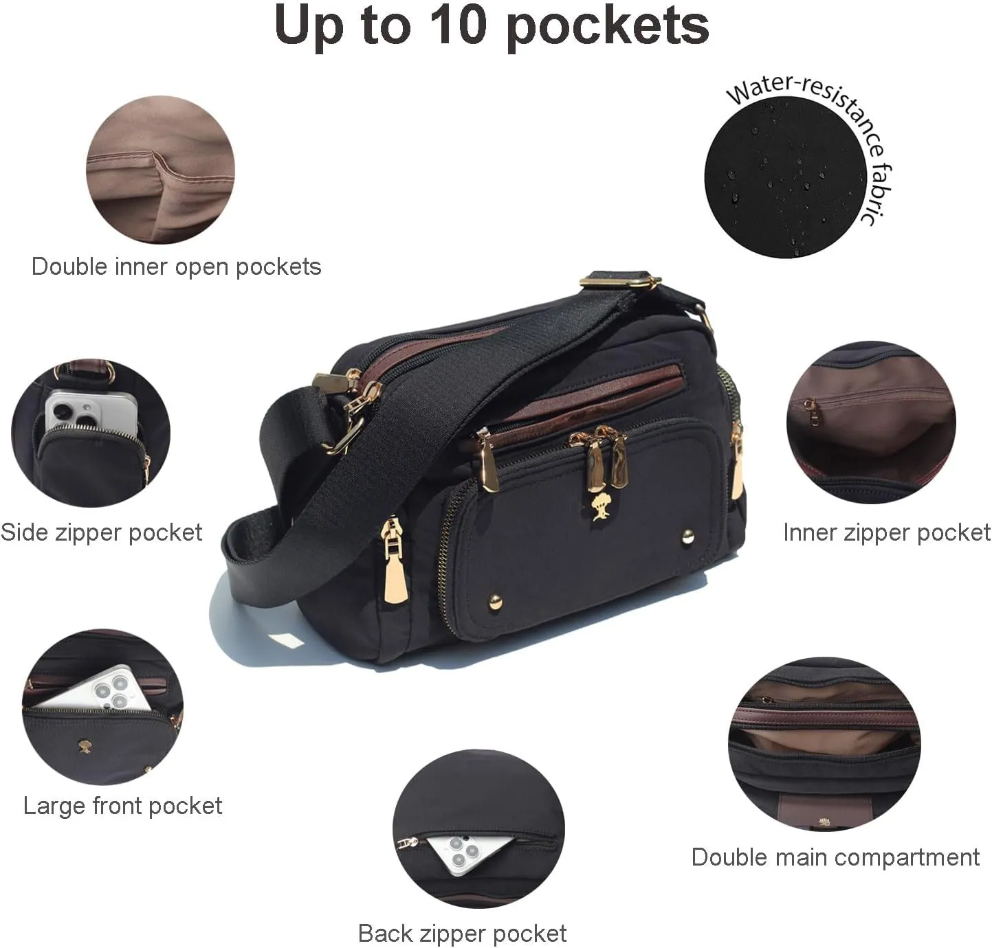 Women Fashion Tote Crossbody Handbags for Women Multi Pockets Shoulder Bag Nylon Travel Purse