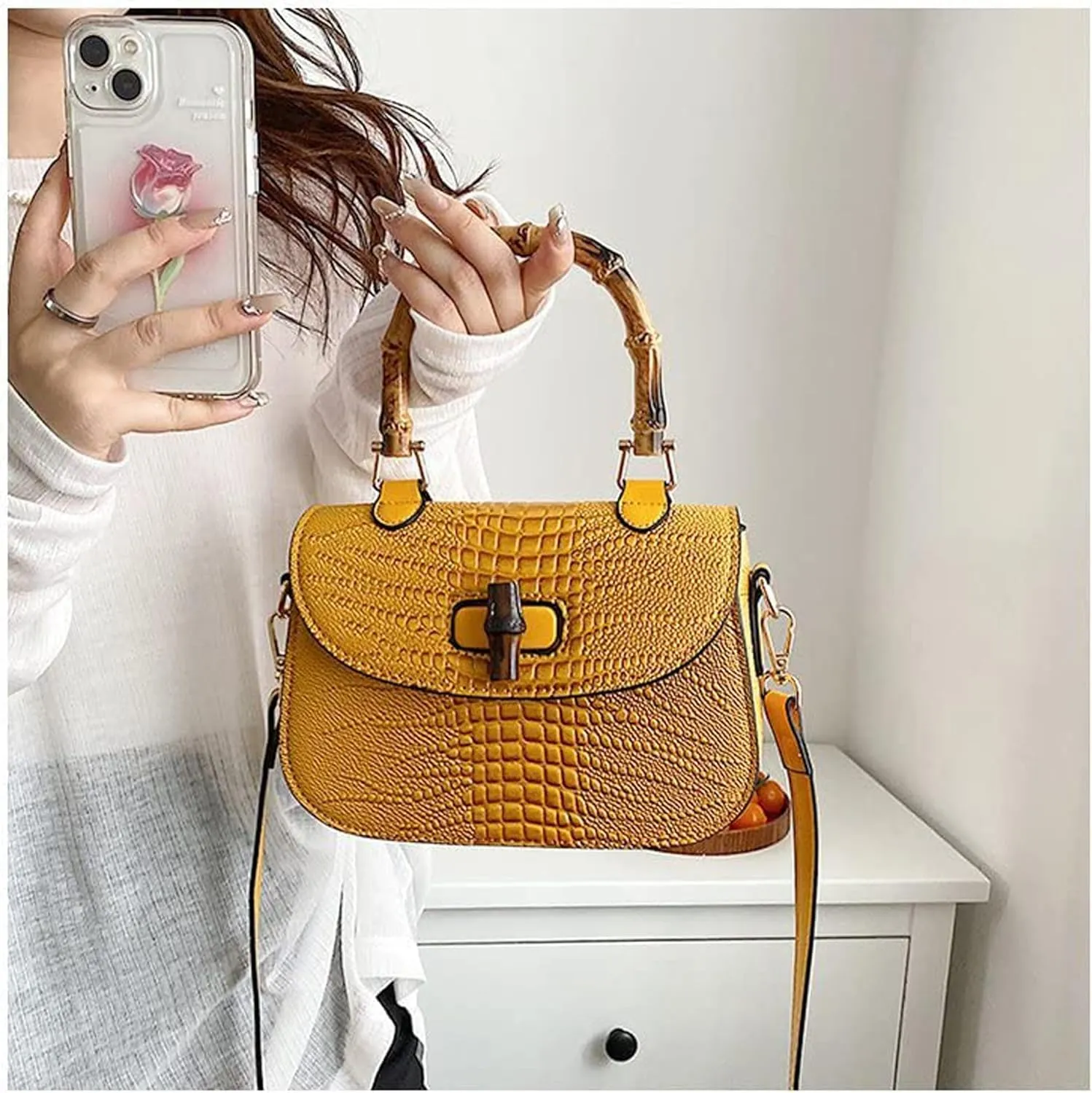 Women Handbag artificial leather Bamboo Top handle Crossbody bag Elegant Purse Evening bag Gift for Women Handmade