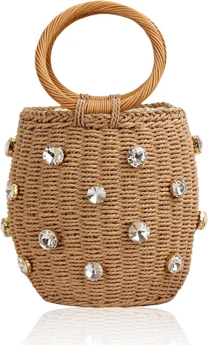 Women Ladies Handbags Handmade Rhinestone Straw Clutch Bag Fashion Casual Simple Beach Bag Purse