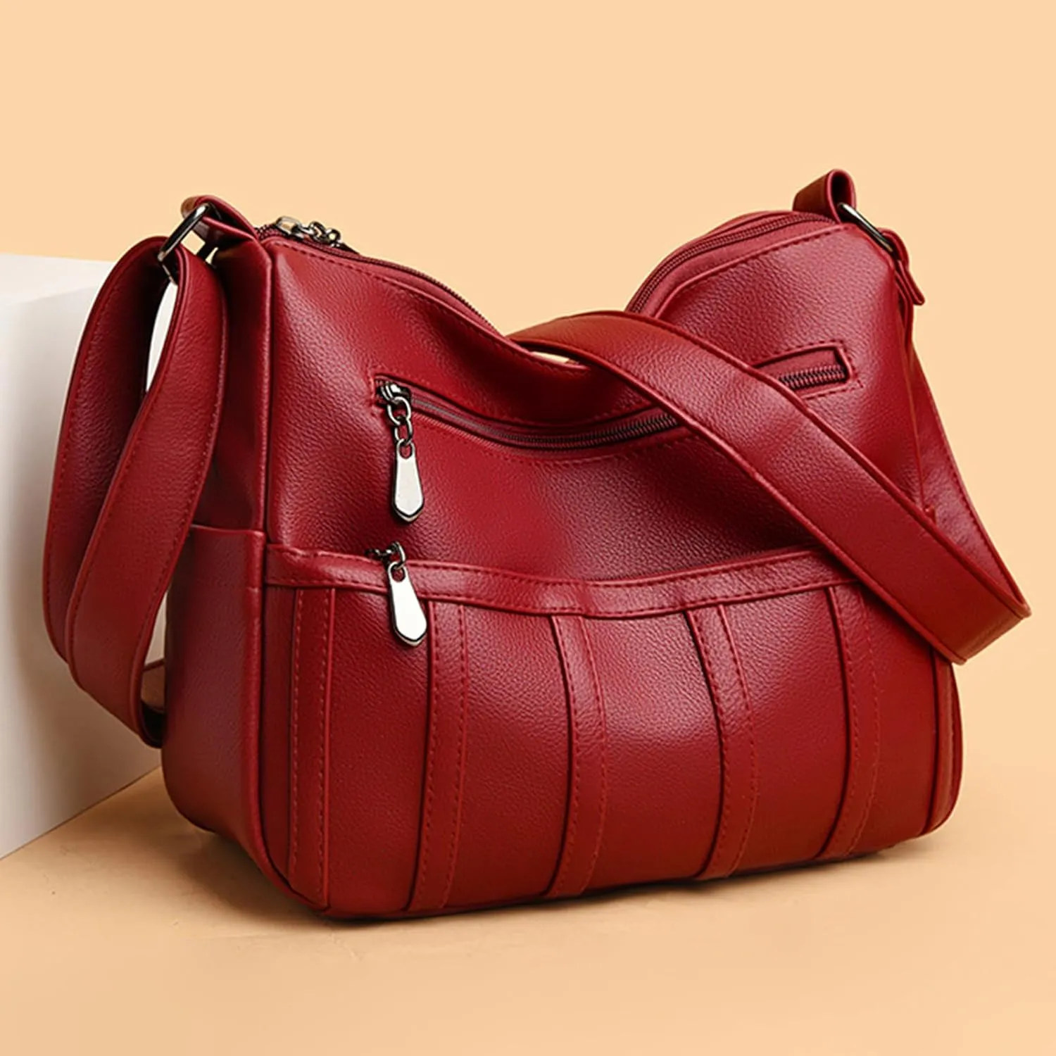 Women Leather Crossbody Bag Solid Color Large Capacity Shoulder Purse Trendy Tote Bag for Mom Seniors