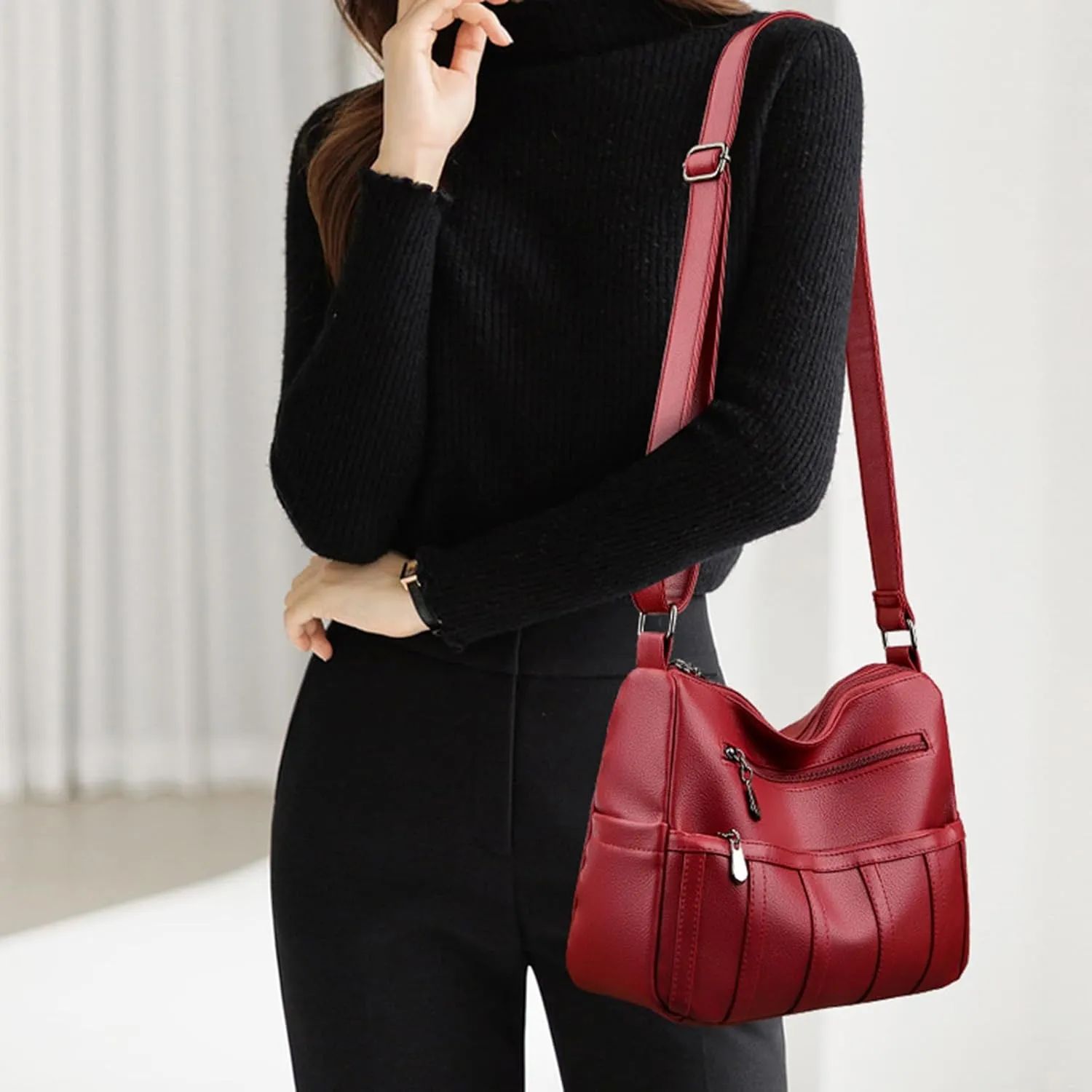 Women Leather Crossbody Bag Solid Color Large Capacity Shoulder Purse Trendy Tote Bag for Mom Seniors