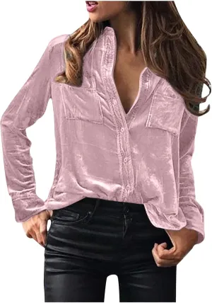 Women Long Sleeve Button Down Tees Simple Solid Color Velvet Shirts Blouse Fashion 2025 Tops