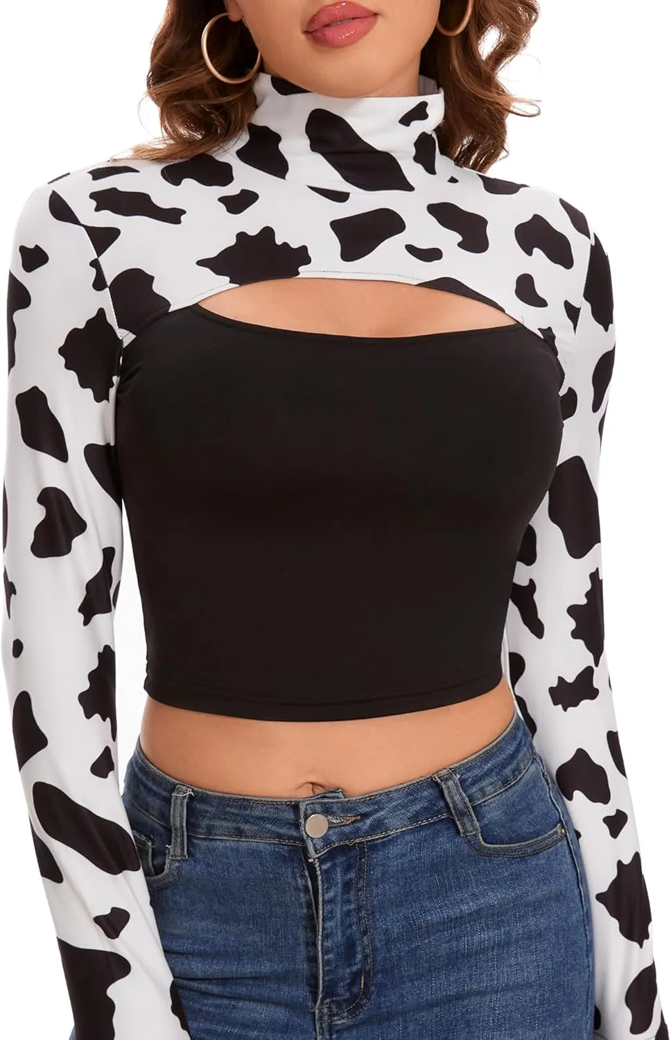 Women Long Sleeve Mock Neck Hollow Out Sexy Going Out Printed Crop Top