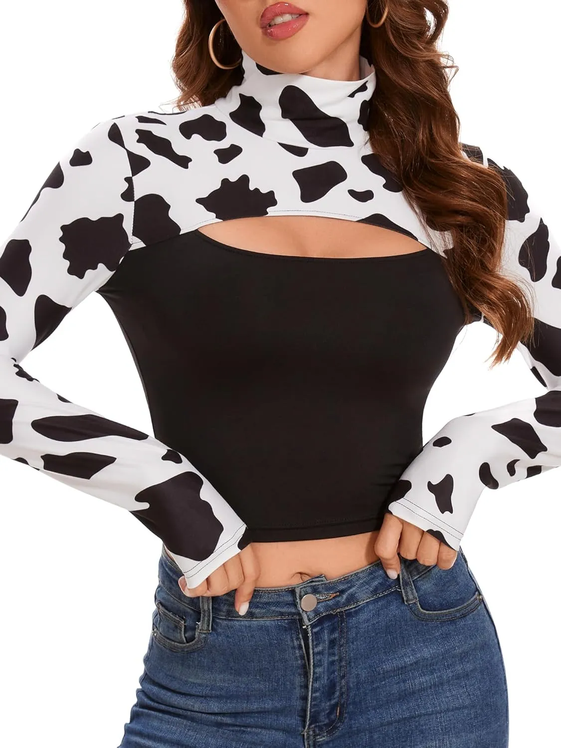 Women Long Sleeve Mock Neck Hollow Out Sexy Going Out Printed Crop Top
