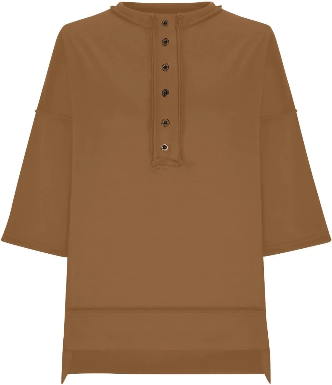 Women Oversized Button Up 3/4 Sleeve Shirts Blouses Simple Solid Color Pullover Tops Crewneck Fashion Shirt