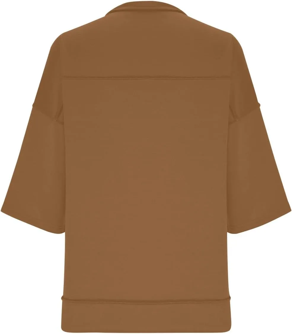 Women Oversized Button Up 3/4 Sleeve Shirts Blouses Simple Solid Color Pullover Tops Crewneck Fashion Shirt