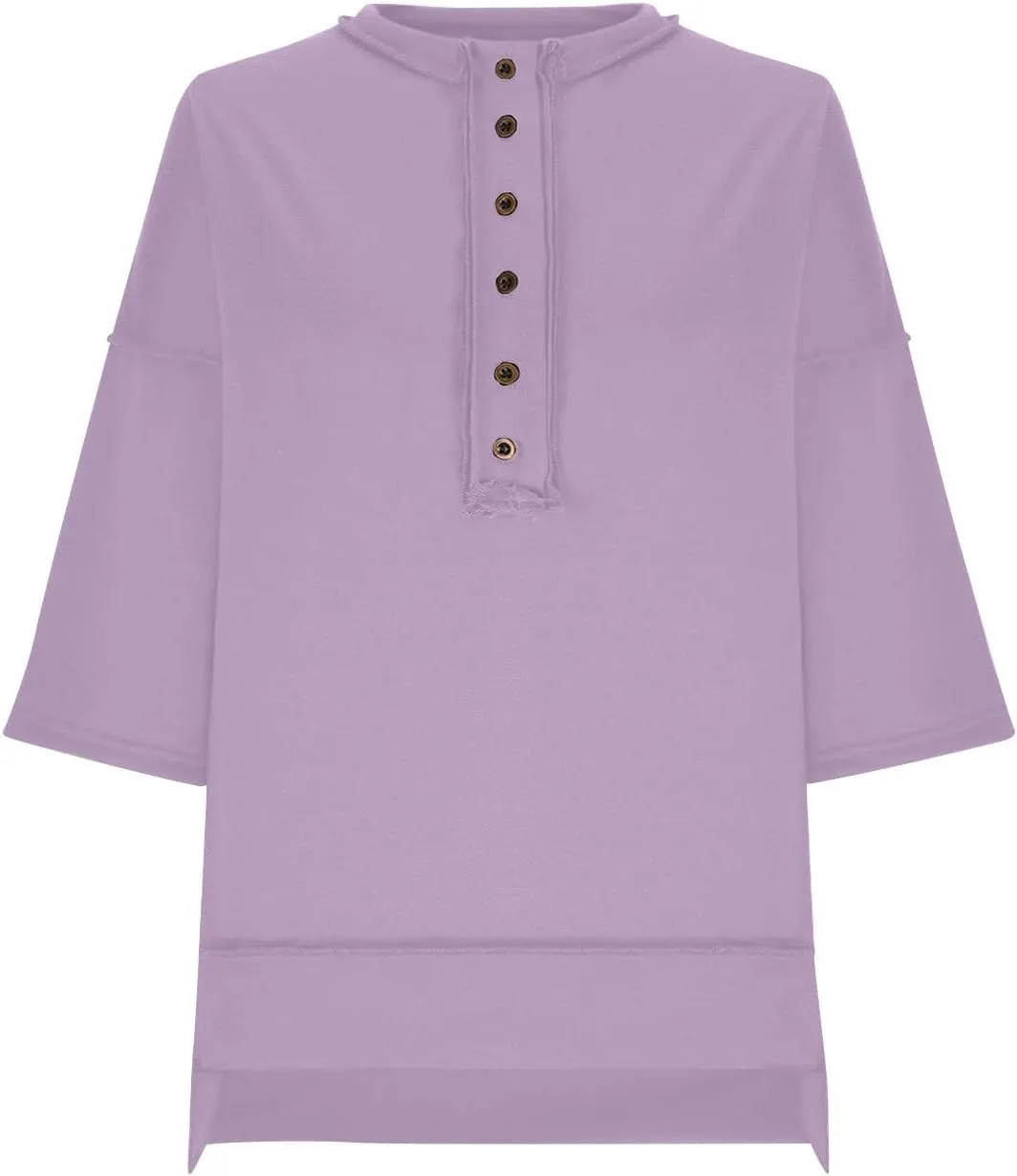 Women Oversized Button Up 3/4 Sleeve Shirts Blouses Simple Solid Color Pullover Tops Crewneck Fashion Shirt