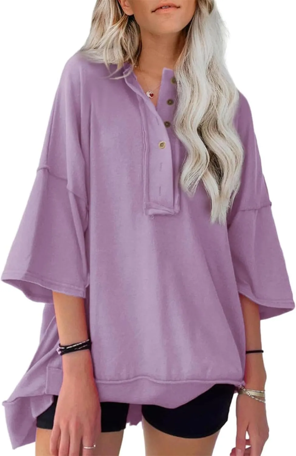 Women Oversized Button Up 3/4 Sleeve Shirts Blouses Simple Solid Color Pullover Tops Crewneck Fashion Shirt