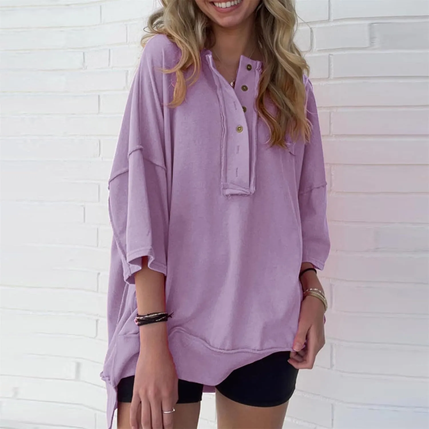 Women Oversized Button Up 3/4 Sleeve Shirts Blouses Simple Solid Color Pullover Tops Crewneck Fashion Shirt