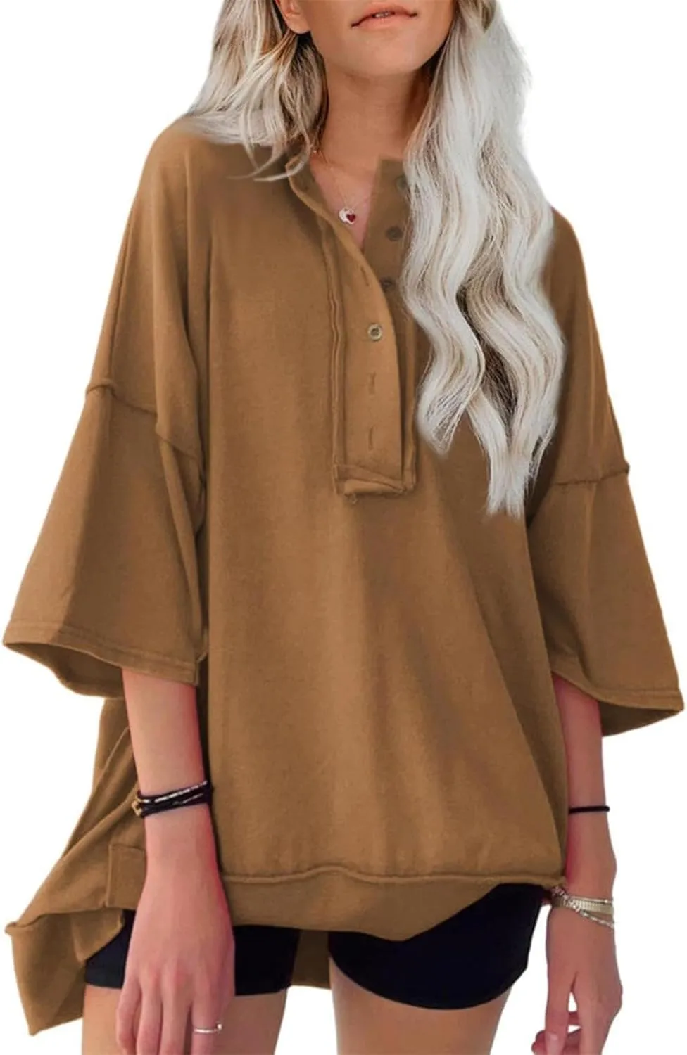 Women Oversized Button Up 3/4 Sleeve Shirts Blouses Simple Solid Color Pullover Tops Crewneck Fashion Shirt