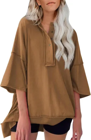 Women Oversized Button Up 3/4 Sleeve Shirts Blouses Simple Solid Color Pullover Tops Crewneck Fashion Shirt