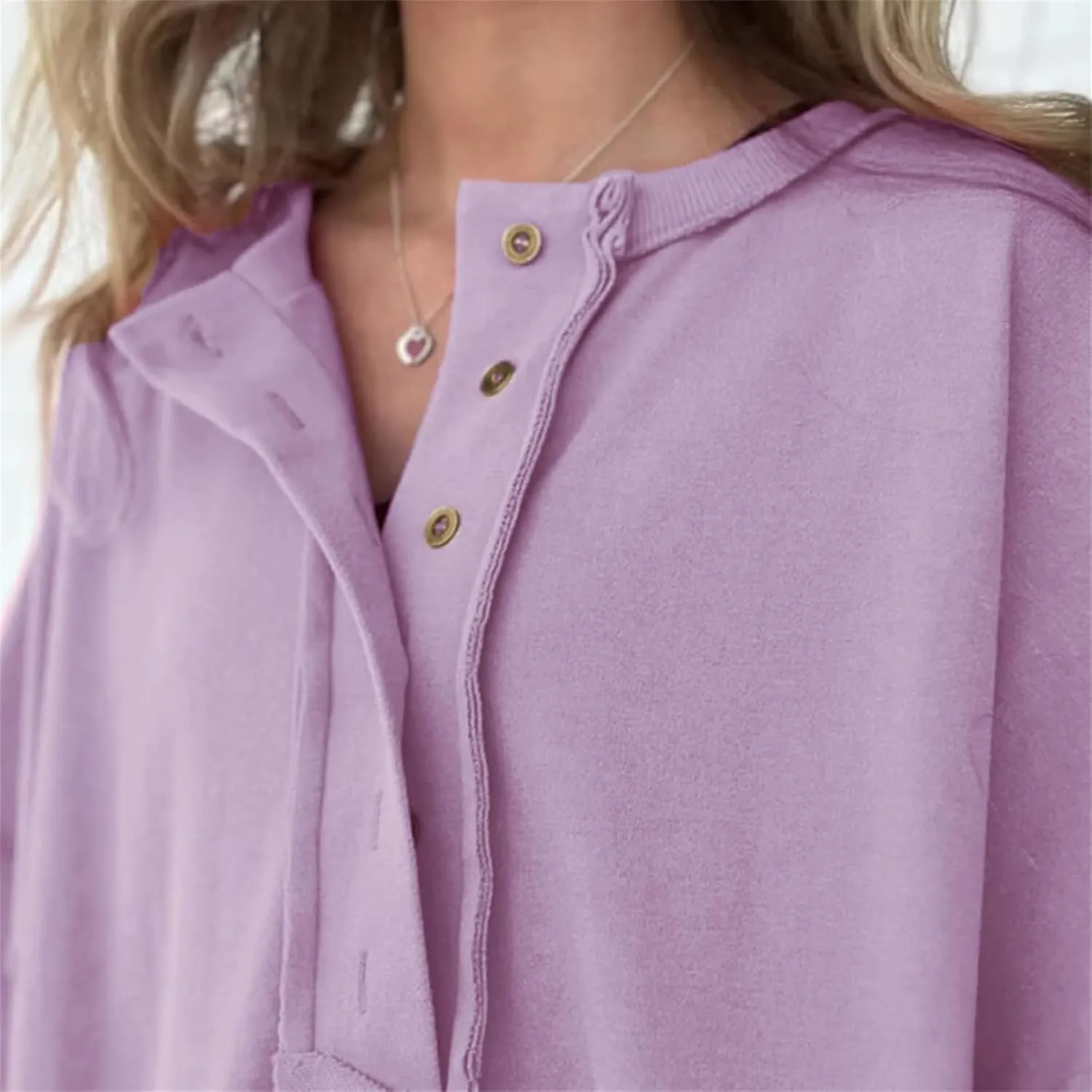 Women Oversized Button Up 3/4 Sleeve Shirts Blouses Simple Solid Color Pullover Tops Crewneck Fashion Shirt