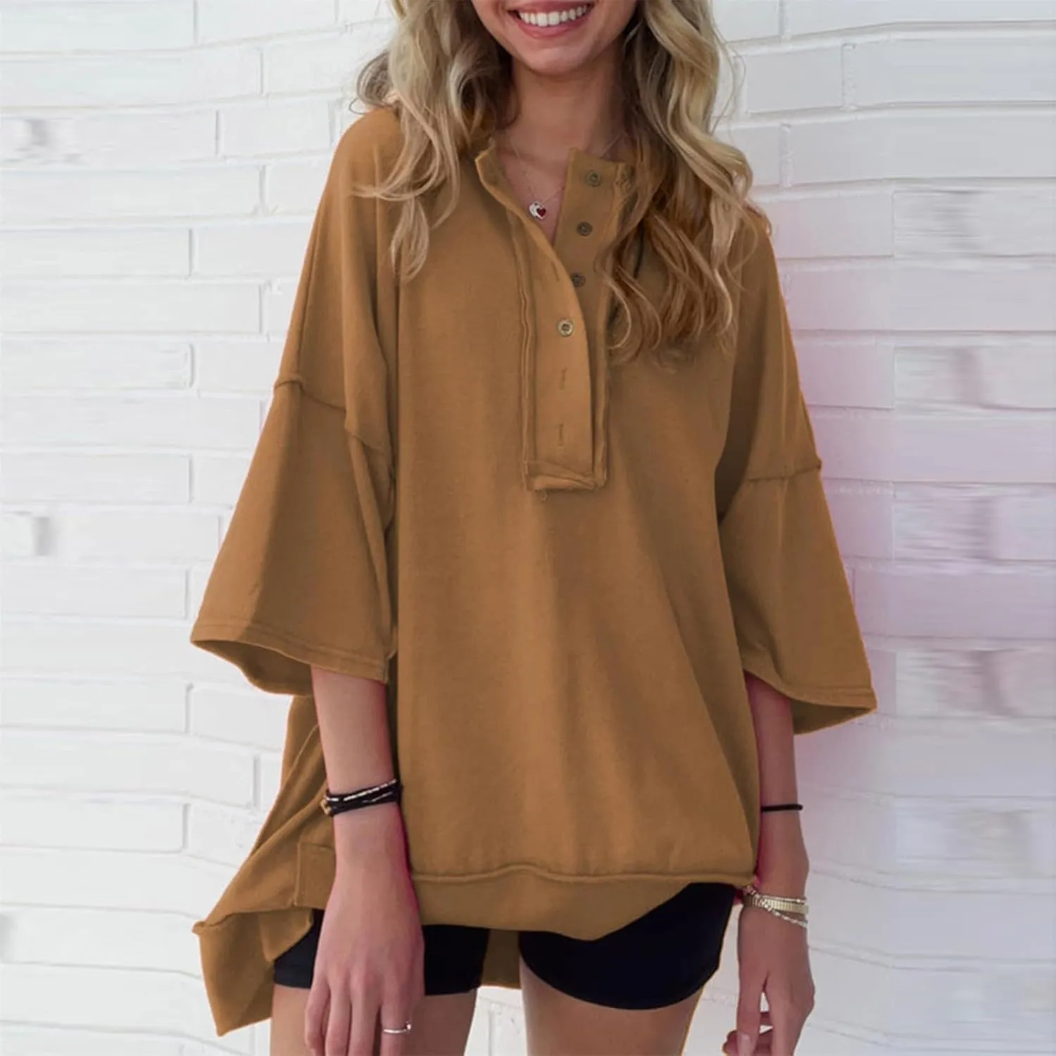 Women Oversized Button Up 3/4 Sleeve Shirts Blouses Simple Solid Color Pullover Tops Crewneck Fashion Shirt