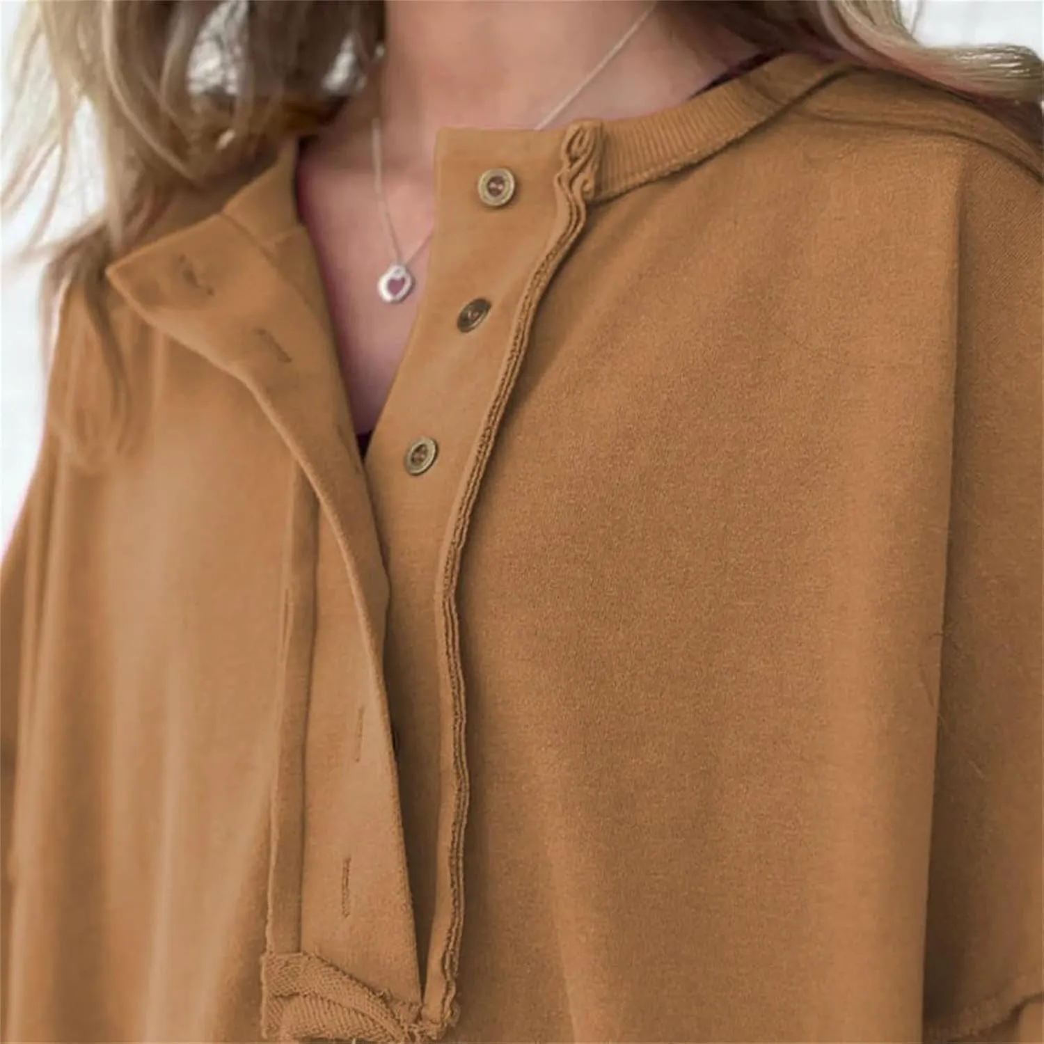 Women Oversized Button Up 3/4 Sleeve Shirts Blouses Simple Solid Color Pullover Tops Crewneck Fashion Shirt