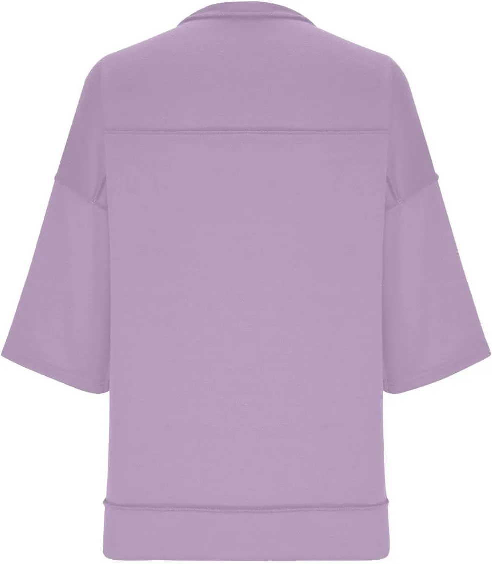 Women Oversized Button Up 3/4 Sleeve Shirts Blouses Simple Solid Color Pullover Tops Crewneck Fashion Shirt