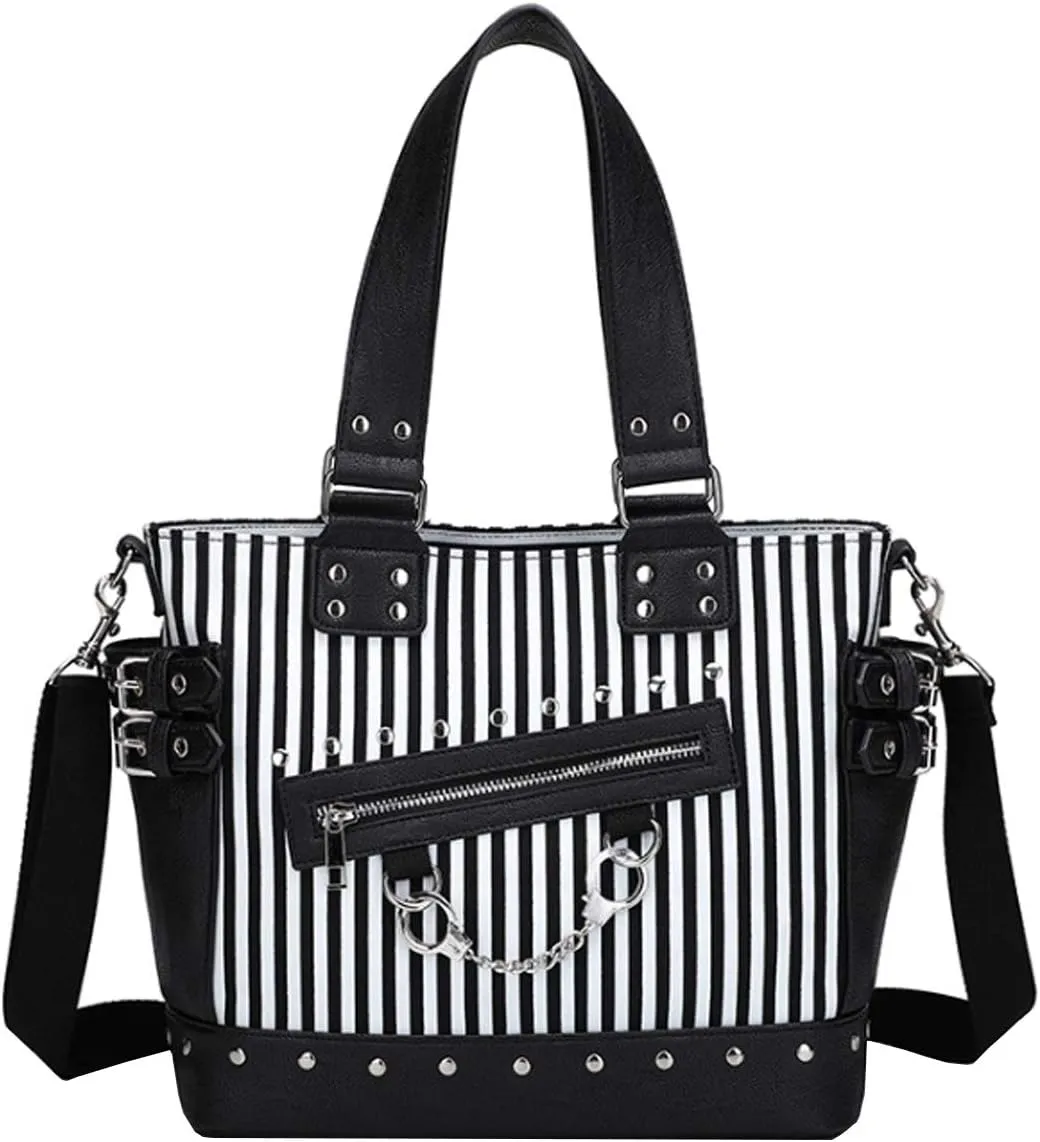 Women Punk Rivet Handbag Purse Canvas Tote Shoulder Crossbody Bag Large Capacity Satchel Black
