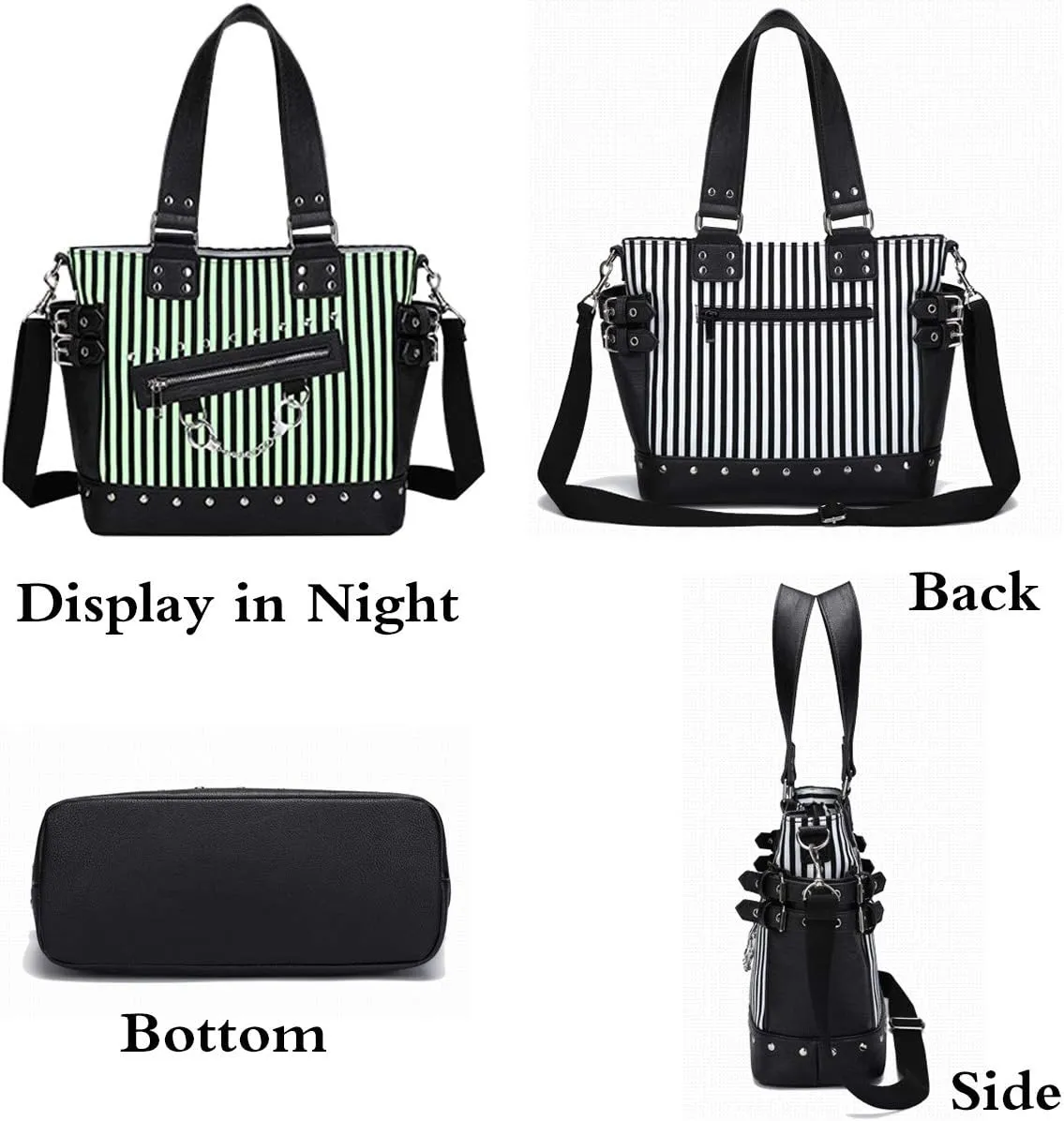 Women Punk Rivet Handbag Purse Canvas Tote Shoulder Crossbody Bag Large Capacity Satchel Black