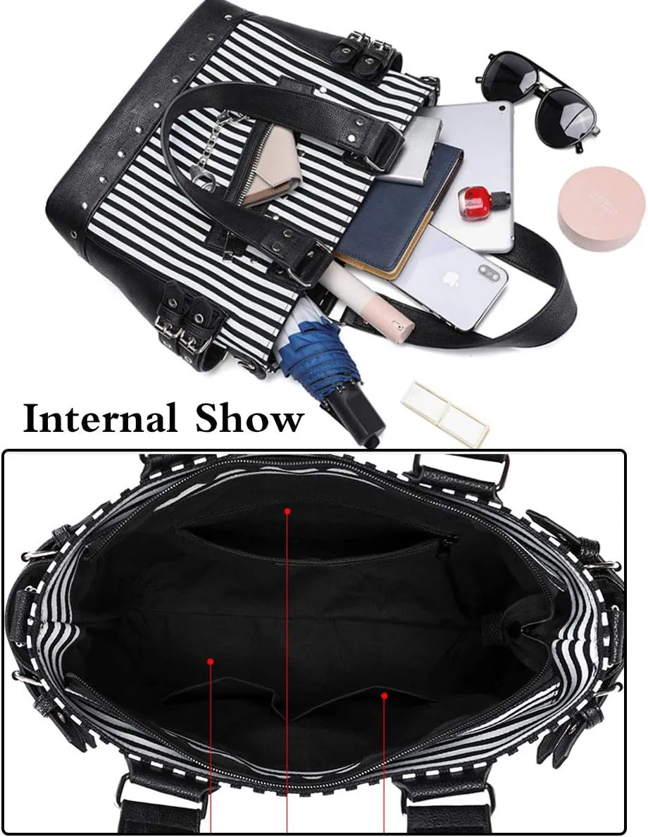 Women Punk Rivet Handbag Purse Canvas Tote Shoulder Crossbody Bag Large Capacity Satchel Black