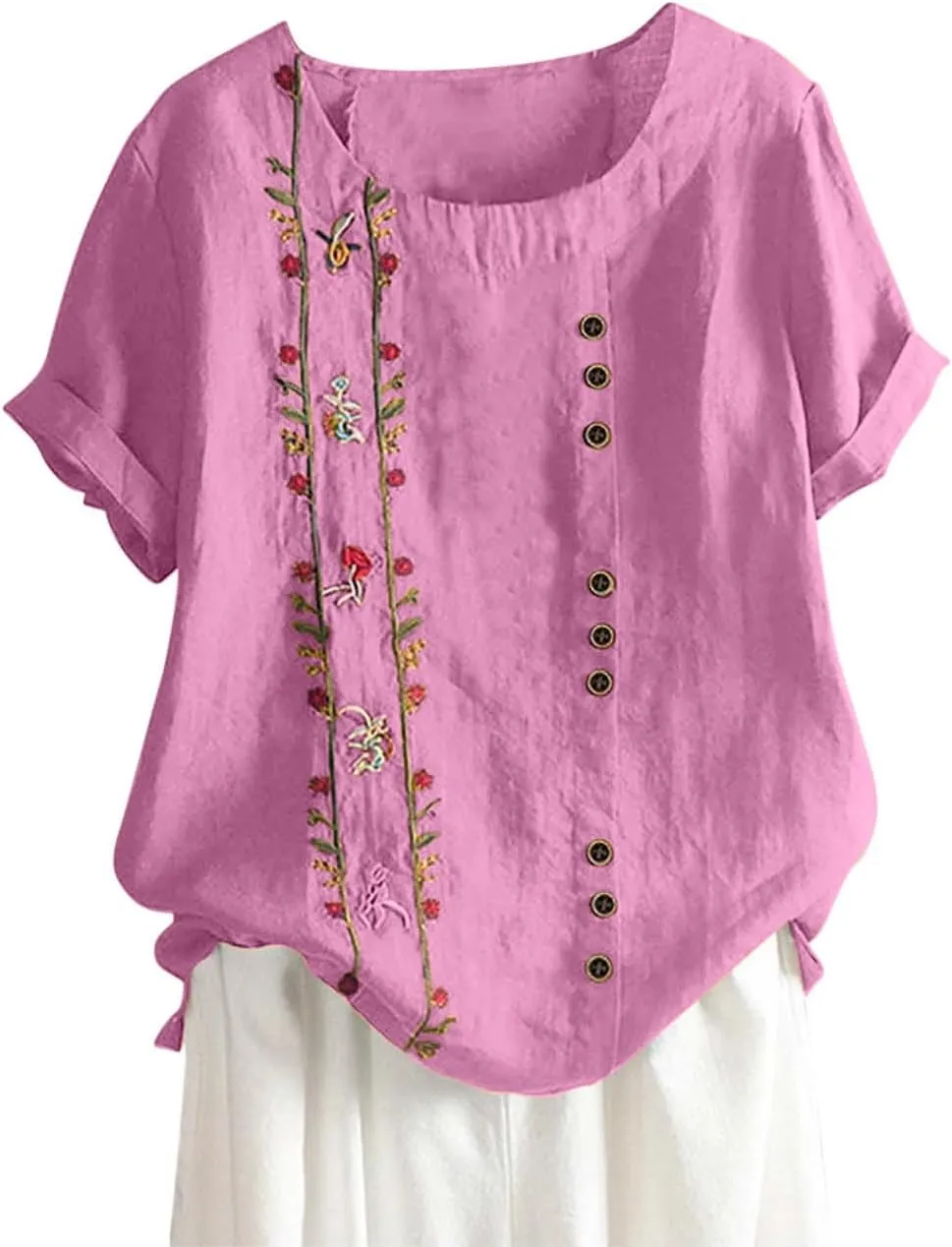 Women Short Sleeve Linen Shirts 2024 Trendy Crewneck Flower Printed Tees Blouse Casual Comfy Cotton Summer Tops