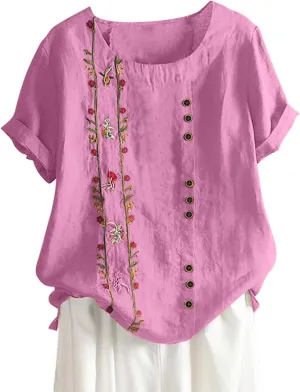Women Short Sleeve Linen Shirts 2024 Trendy Crewneck Flower Printed Tees Blouse Casual Comfy Cotton Summer Tops