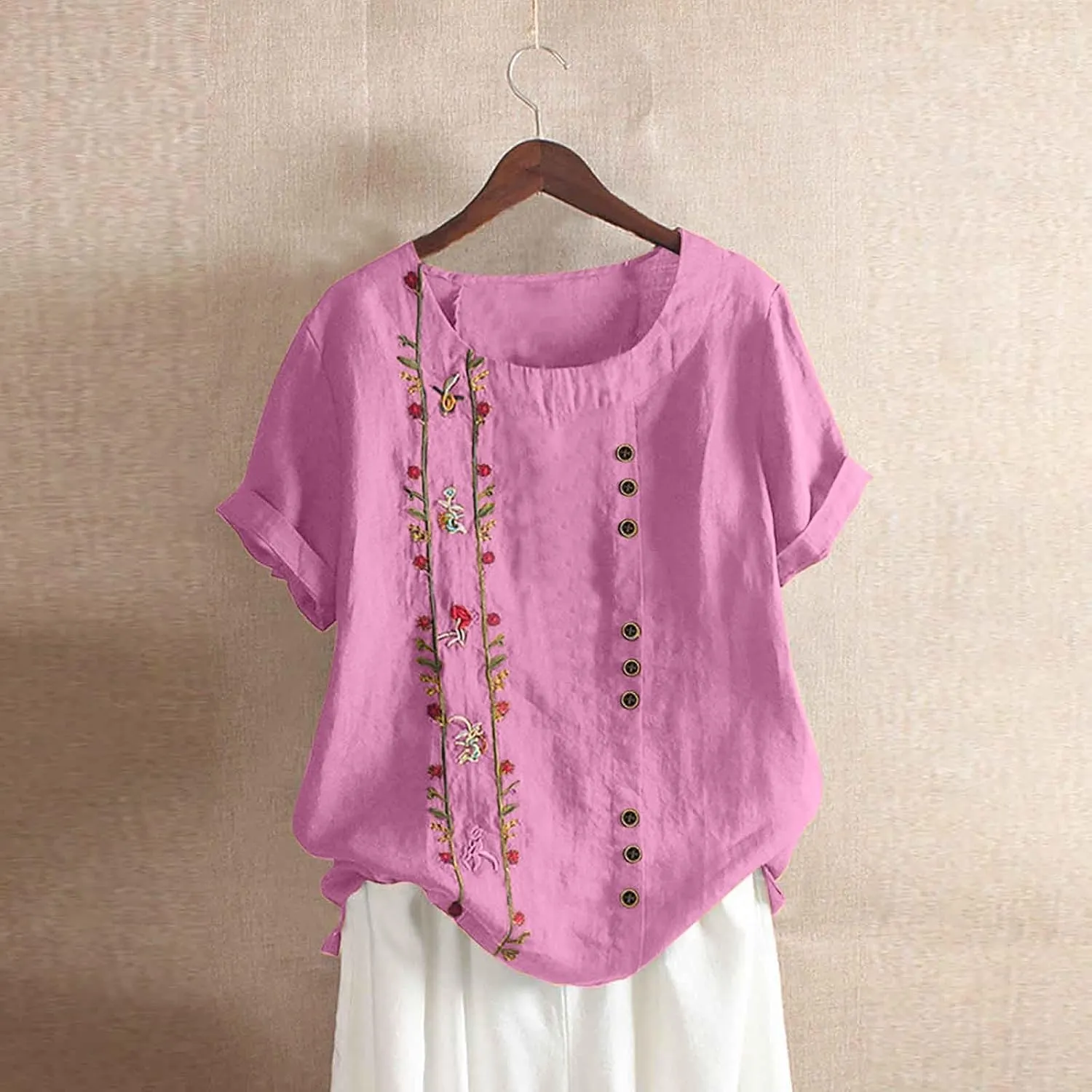 Women Short Sleeve Linen Shirts 2024 Trendy Crewneck Flower Printed Tees Blouse Casual Comfy Cotton Summer Tops