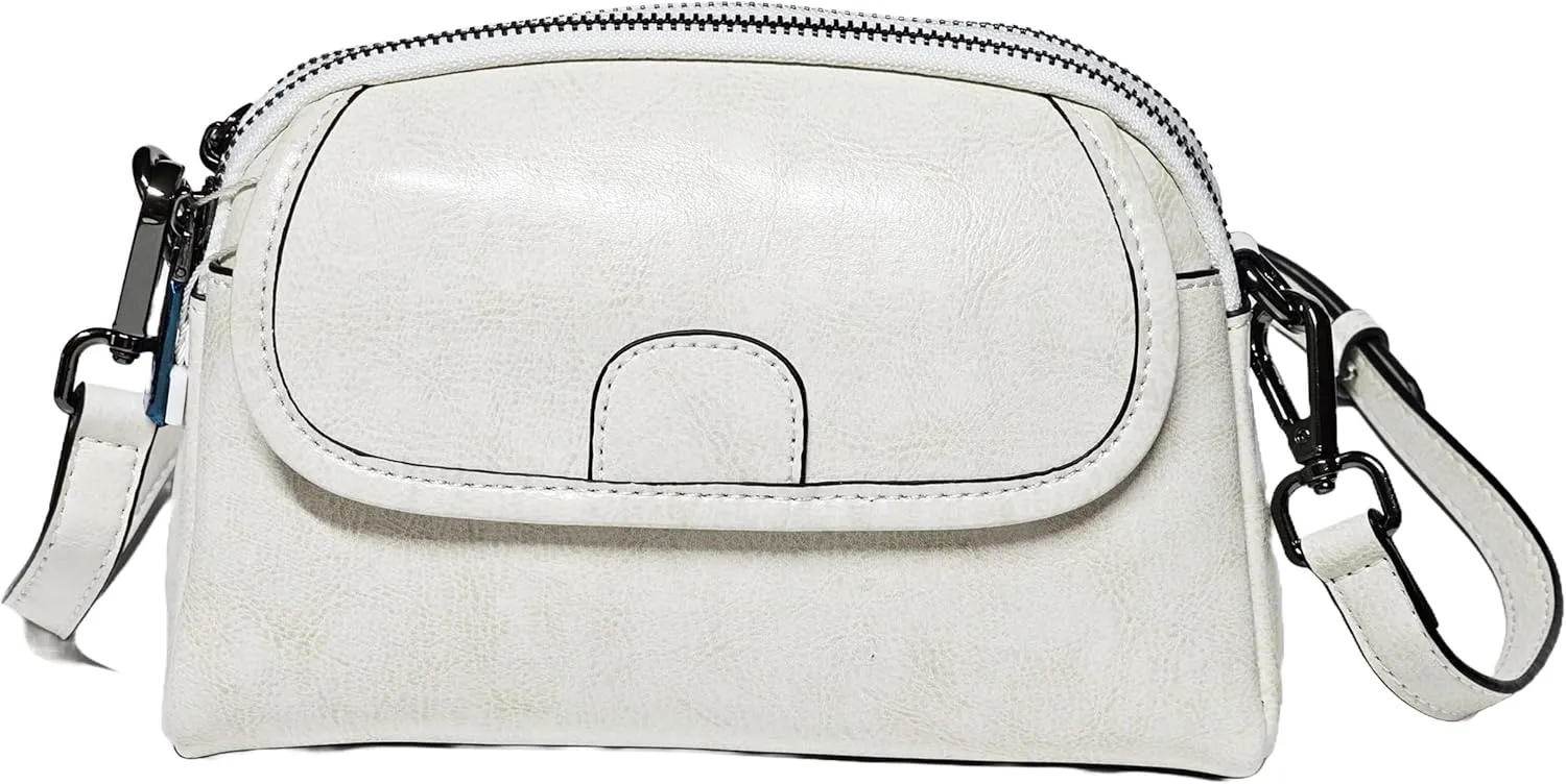 Women Small Genuine Top Grain Cow Leather Crossbody Shoulder Bag, 2 zipped compartments & front & Back Pockets HandBag