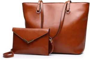 Women Top Handle Purse 2PCS, PU Leather Satchel Handbags Shoulder Bag Tote Purse