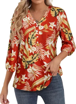 Womens 3/4 Sleeve Hawaiian Shirts V Neck Summer Floral Printed Shirt Casual Buttons Down Soft Tunic Tops