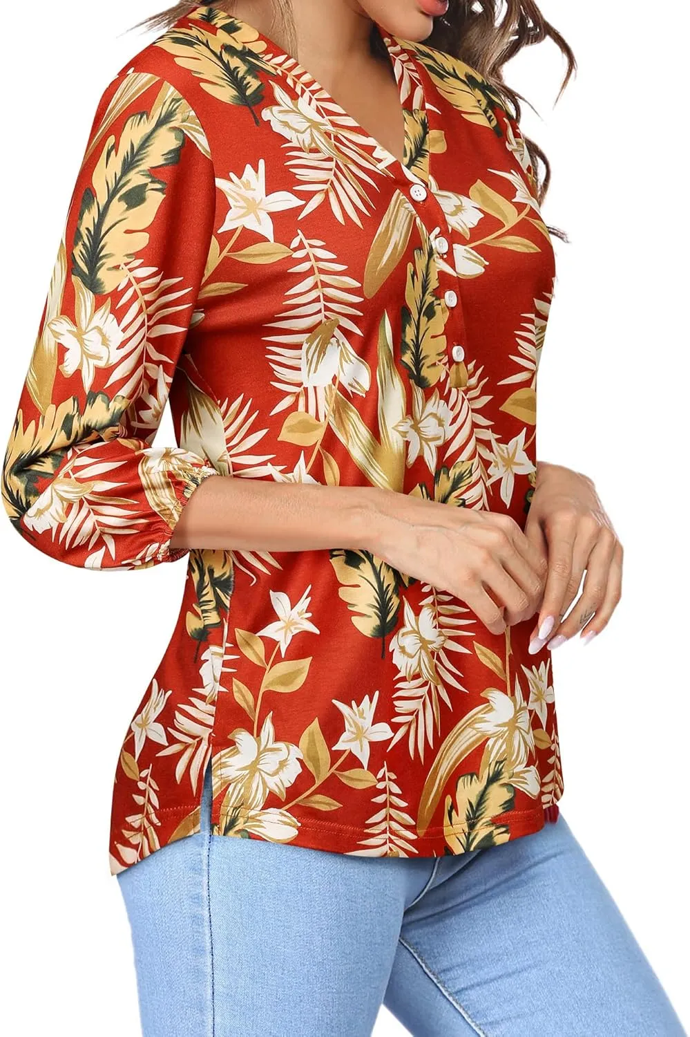 Womens 3/4 Sleeve Hawaiian Shirts V Neck Summer Floral Printed Shirt Casual Buttons Down Soft Tunic Tops