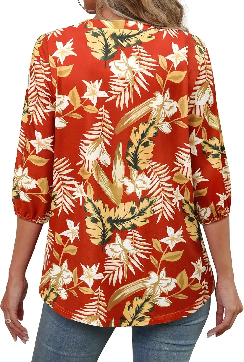 Womens 3/4 Sleeve Hawaiian Shirts V Neck Summer Floral Printed Shirt Casual Buttons Down Soft Tunic Tops
