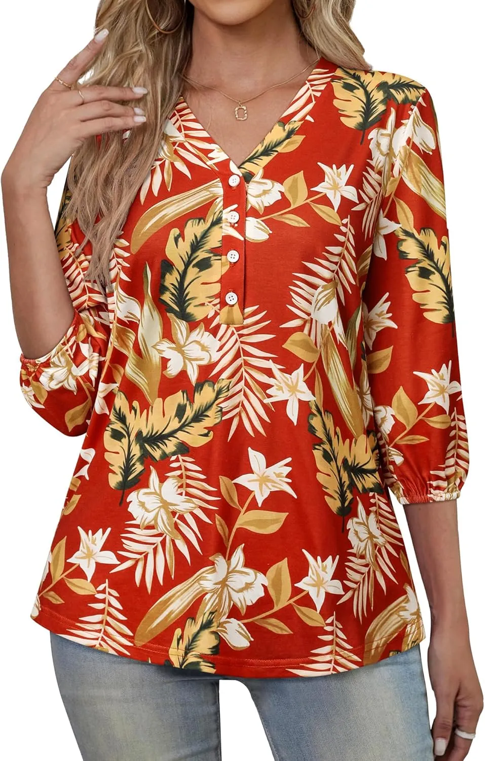 Womens 3/4 Sleeve Hawaiian Shirts V Neck Summer Floral Printed Shirt Casual Buttons Down Soft Tunic Tops