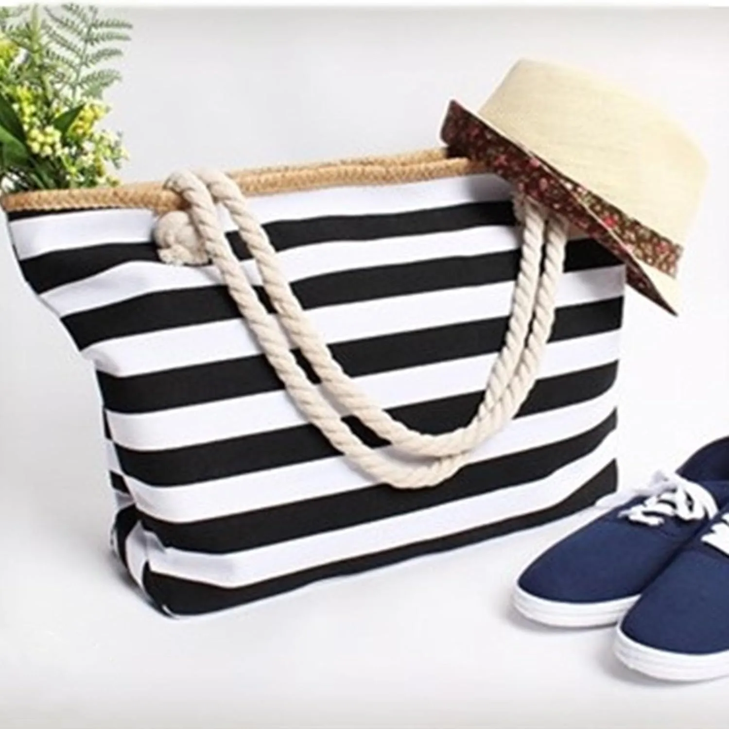 Women's Beach Bag Canvas Handbag Summer High Capacity Stripe Ecology Shopping Beach Tote