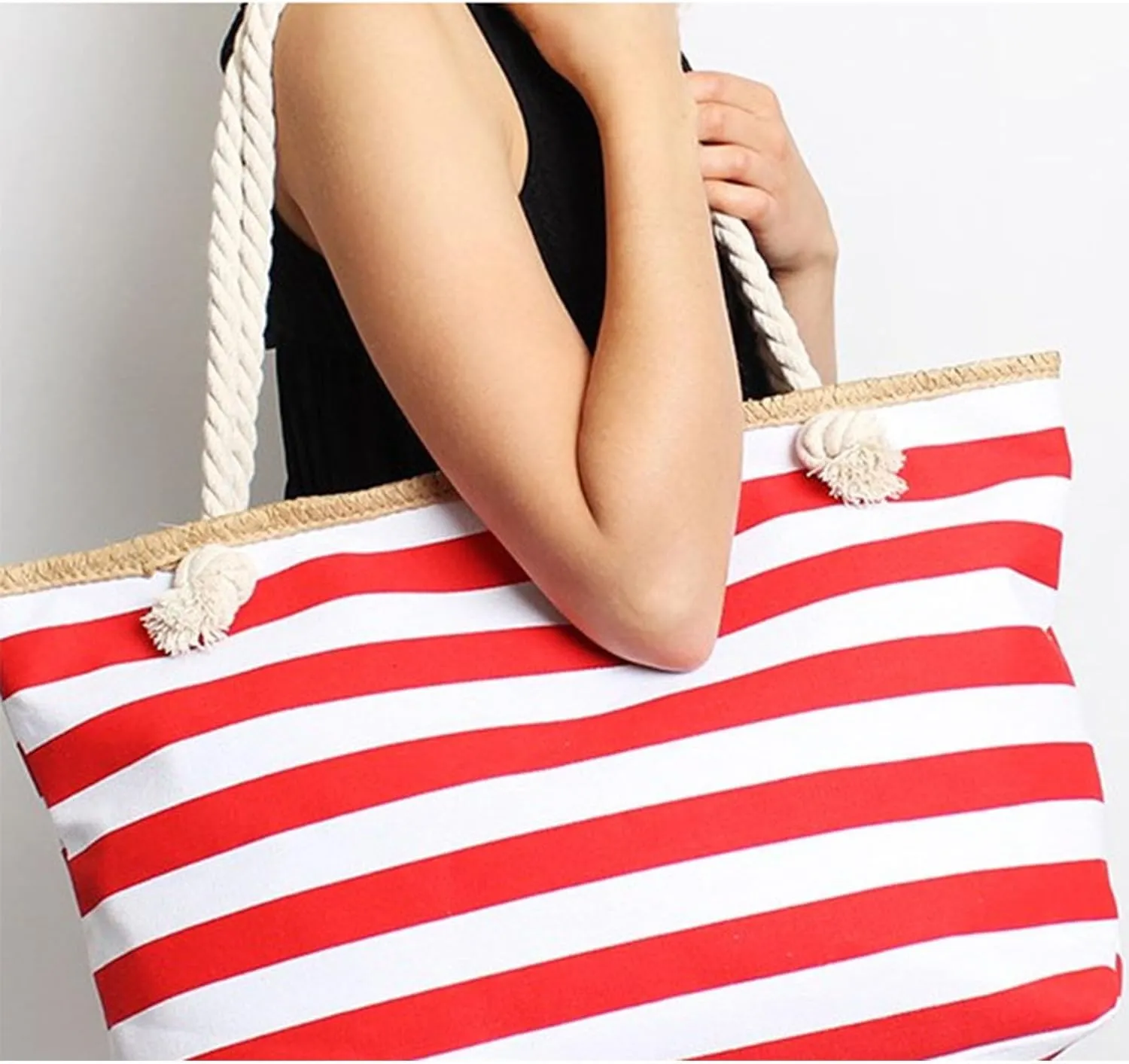 Women's Beach Bag Canvas Handbag Summer High Capacity Stripe Ecology Shopping Beach Tote