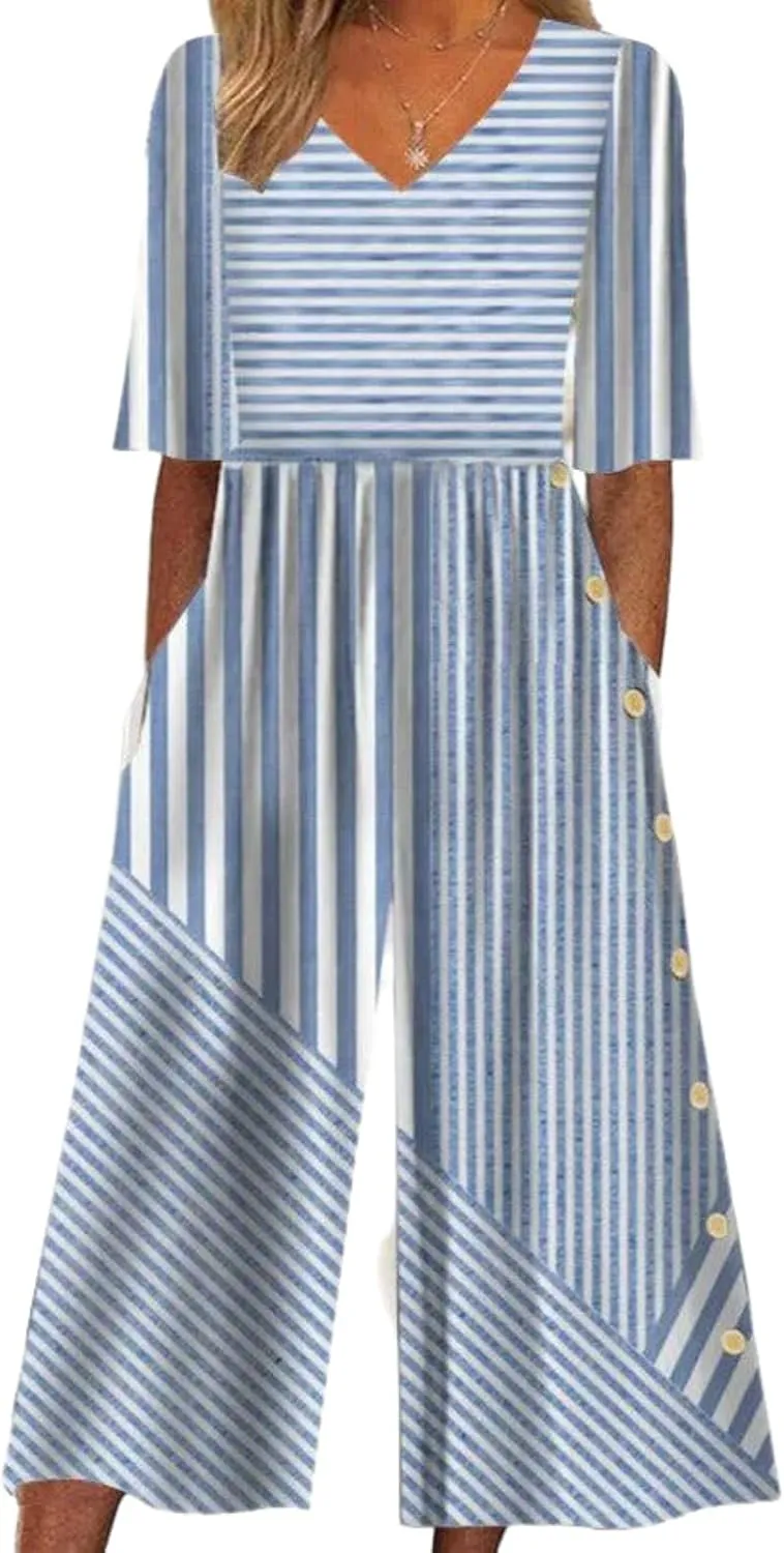 Womens Boho Jumpsuits Floral Printed Half Sleeve High Waist Pockets Wide Leg Long Romper Summer Beach Vacation Outfits