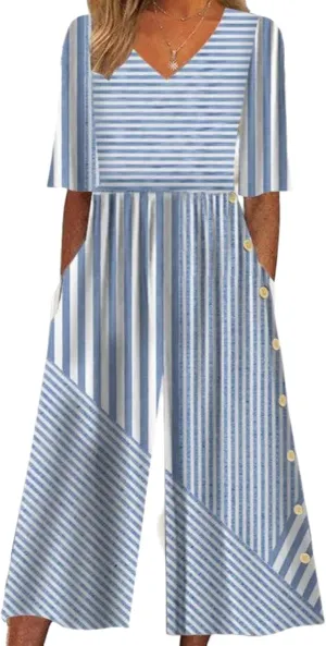 Womens Boho Jumpsuits Floral Printed Half Sleeve High Waist Pockets Wide Leg Long Romper Summer Beach Vacation Outfits