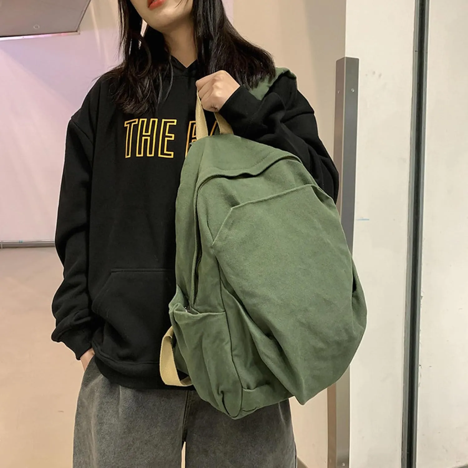 Women's canvas bag, men's and women's large capacity leisure backpack, men's and women's travel backpack (Green,One Size)