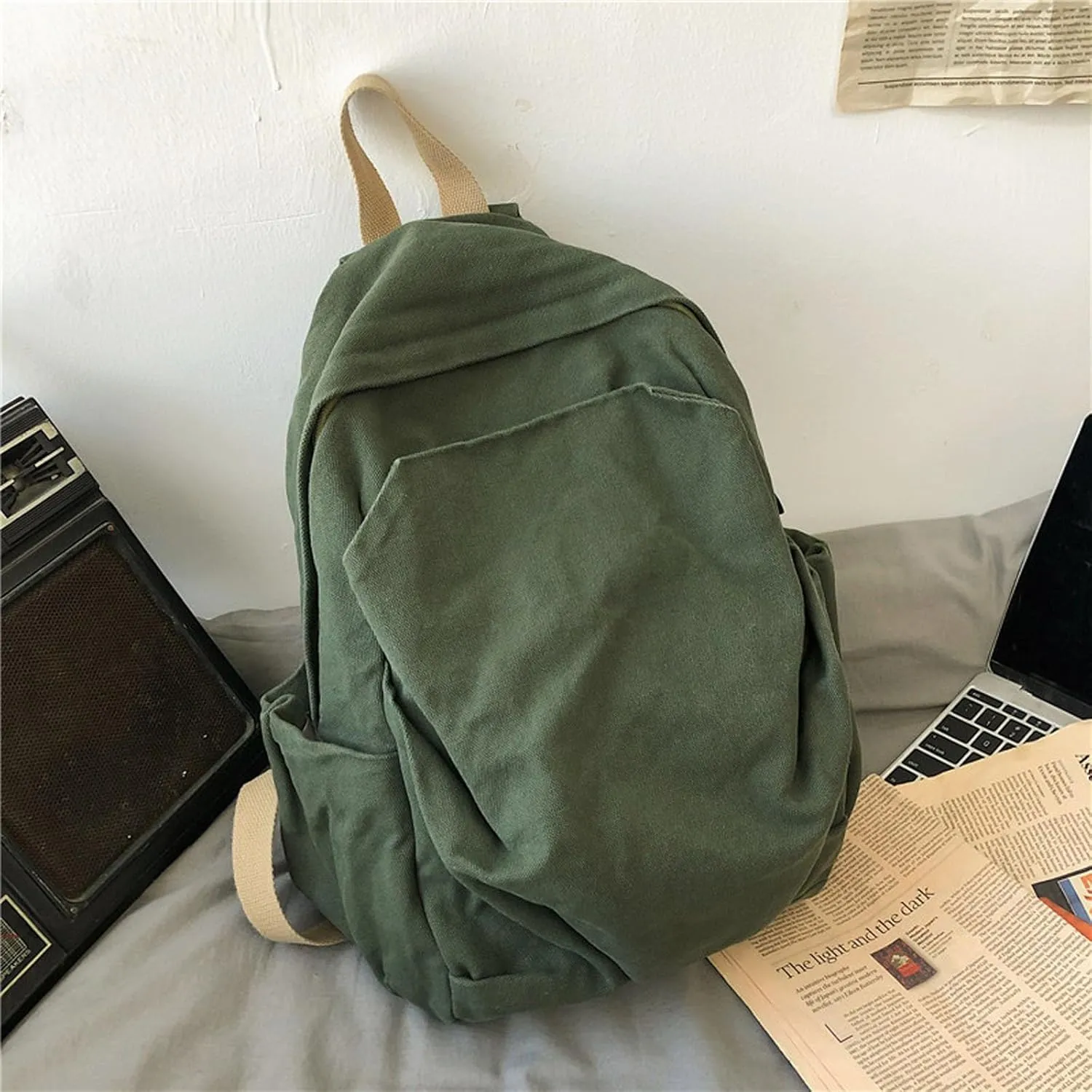 Women's canvas bag, men's and women's large capacity leisure backpack, men's and women's travel backpack (Green,One Size)