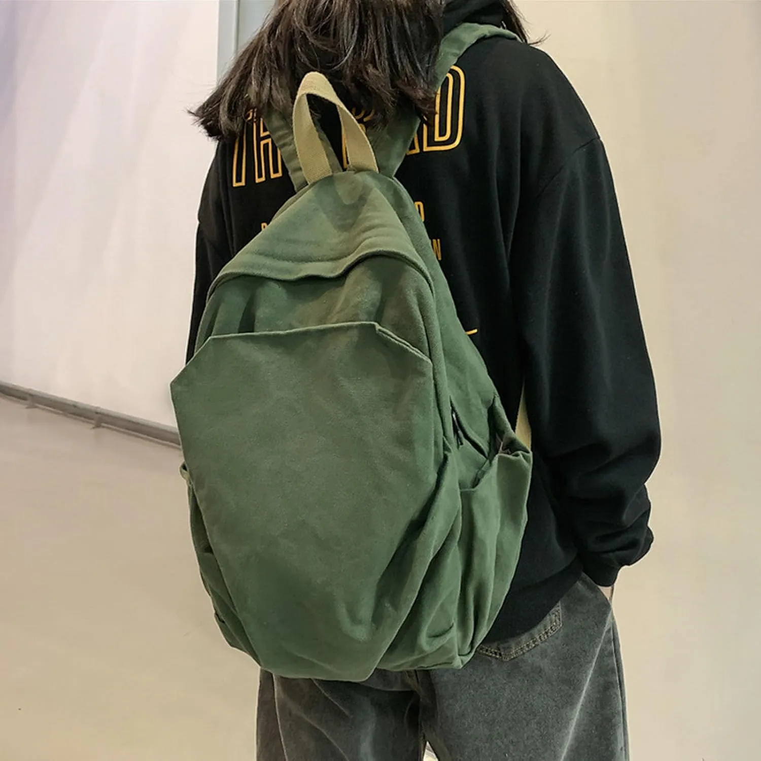 Women's canvas bag, men's and women's large capacity leisure backpack, men's and women's travel backpack (Green,One Size)