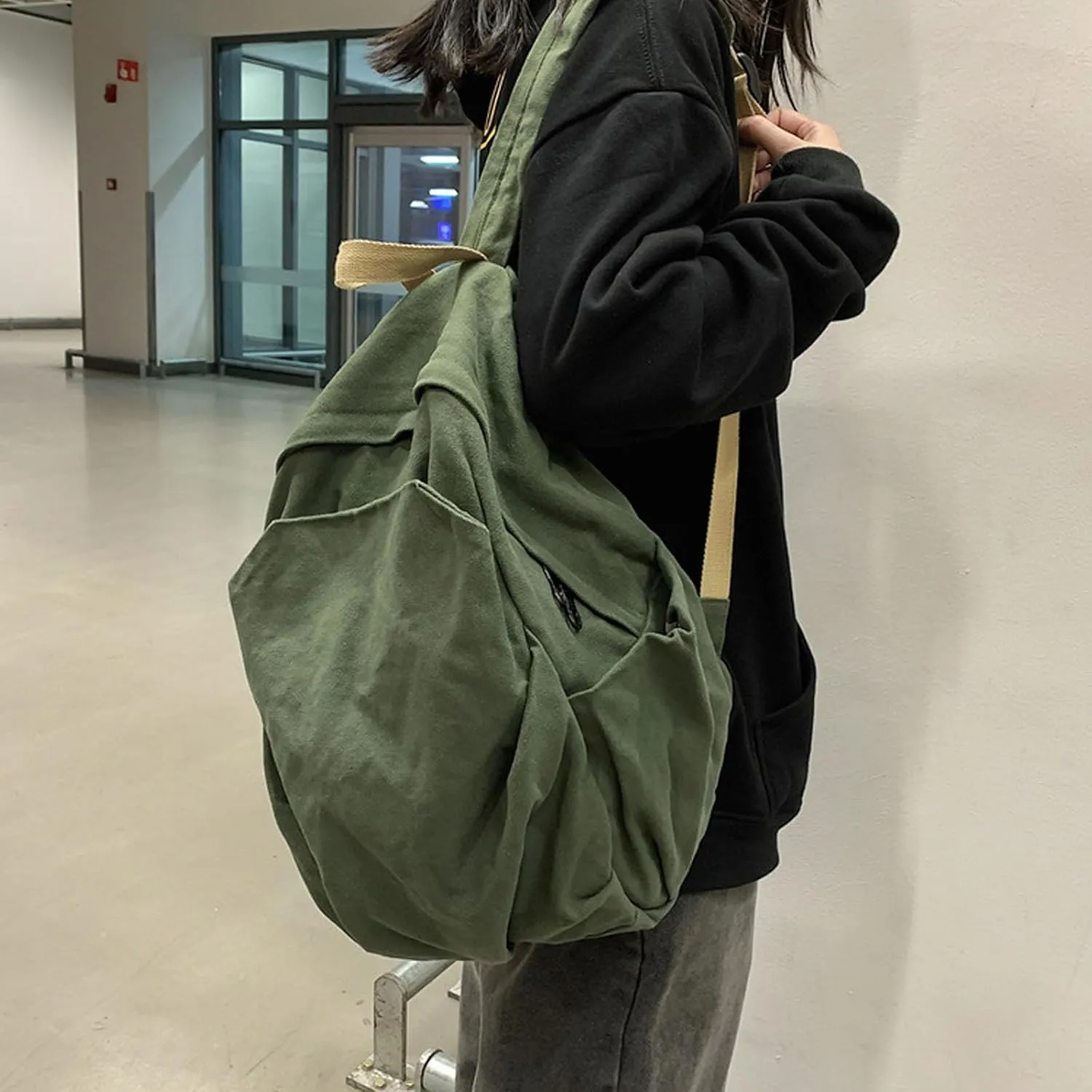 Women's canvas bag, men's and women's large capacity leisure backpack, men's and women's travel backpack (Green,One Size)