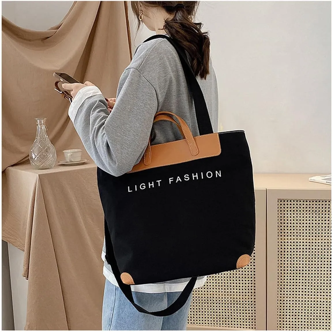 Women's canvas handbag, men's and women's casual work crossbody bag, women's large capacity tote bag
