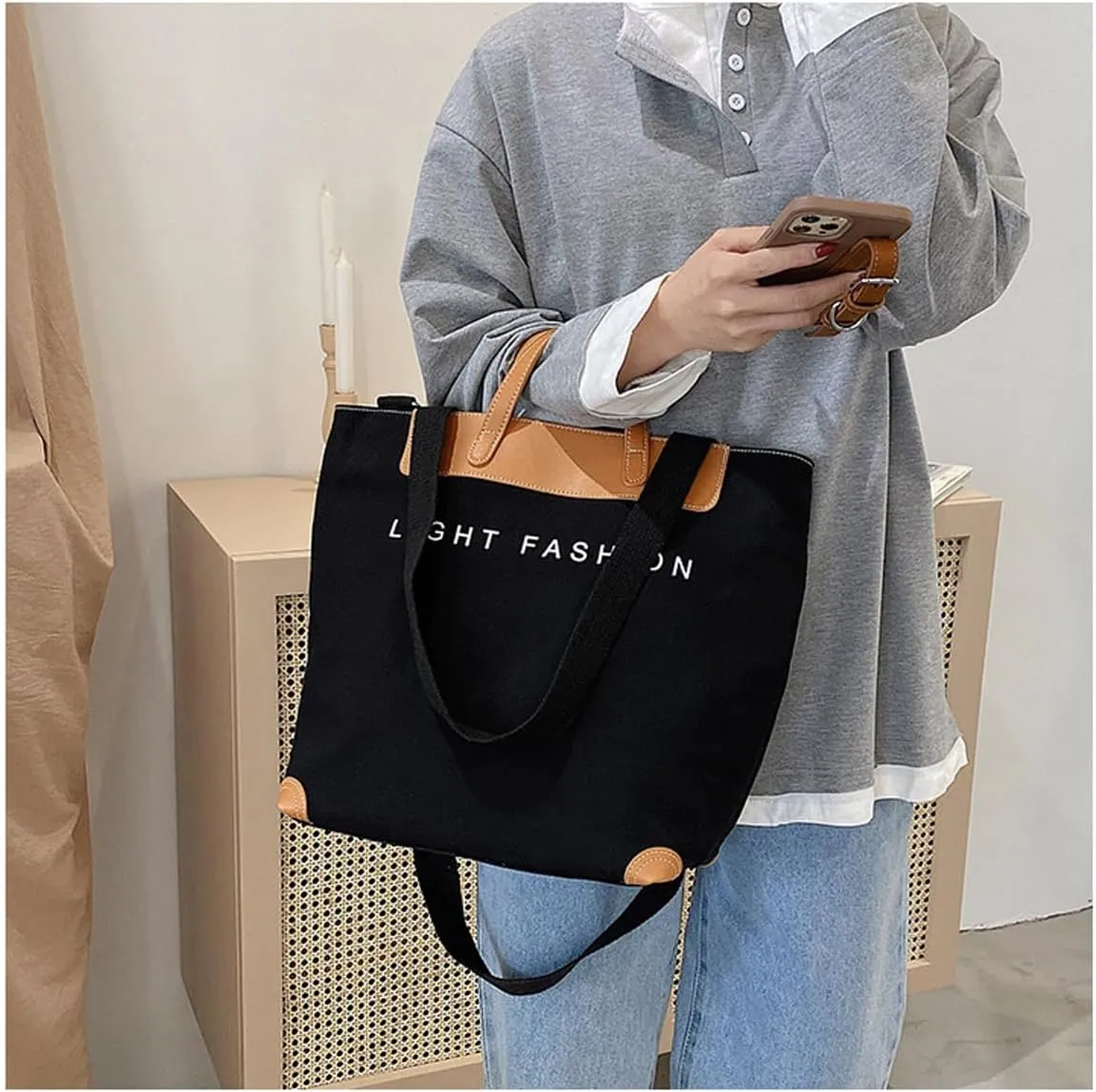 Women's canvas handbag, men's and women's casual work crossbody bag, women's large capacity tote bag
