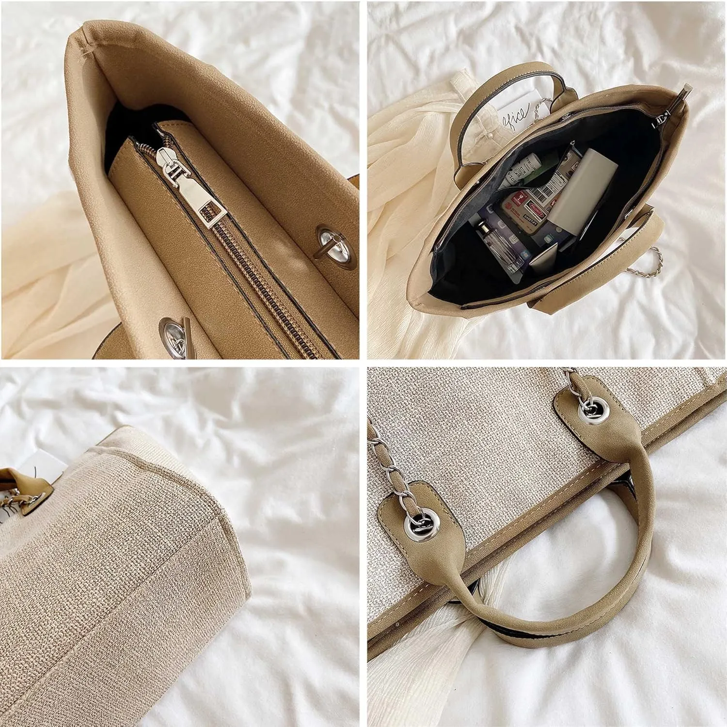 Women's canvas shoulder bag, large capacity handbag, single shoulder bag, handbag with chain (khaki)
