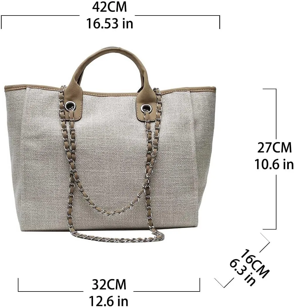 Women's canvas shoulder bag, large capacity handbag, single shoulder bag, handbag with chain (khaki)