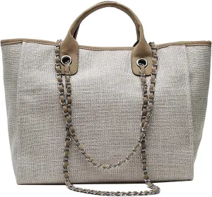 Women's canvas shoulder bag, large capacity handbag, single shoulder bag, handbag with chain (khaki)