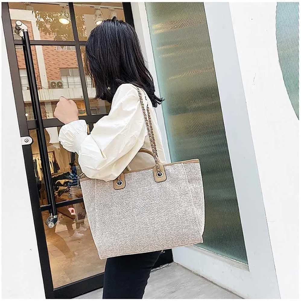 Women's canvas shoulder bag, large capacity handbag, single shoulder bag, handbag with chain (khaki)