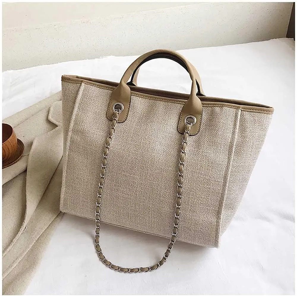 Women's canvas shoulder bag, large capacity handbag, single shoulder bag, handbag with chain (khaki)