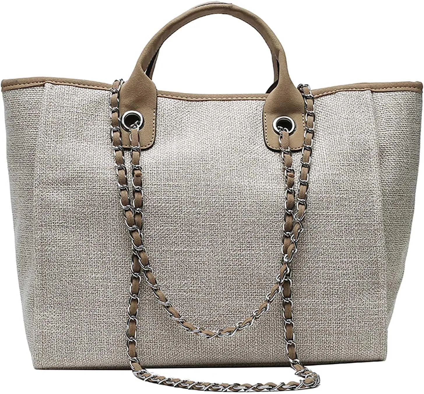 Women's canvas shoulder bag, large capacity handbag, single shoulder bag, handbag with chain (khaki)